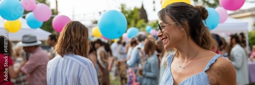 A lively outdoor gathering filled with colorful balloons, laughter, and joy, representing community spirit, celebration, and the vibrancy of social interactions in a festive setting.