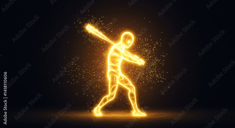 Energetic luminous humanoid silhouette swinging a sparking baseball bat powerfully Energetic luminous humanoid silhouette swinging a sparking baseball bat powerfully