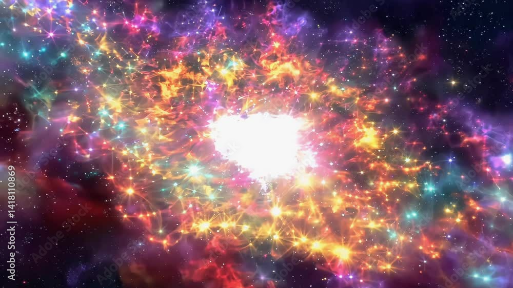 Bright and colorful supernova explosion with radiant energy waves and glowing cosmic particles in outer space. Concept of cosmic creation and energetic transformation
