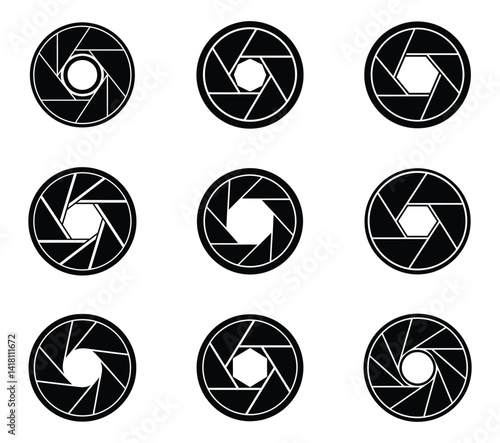 Camera lens diaphragm silhouette collection on White background