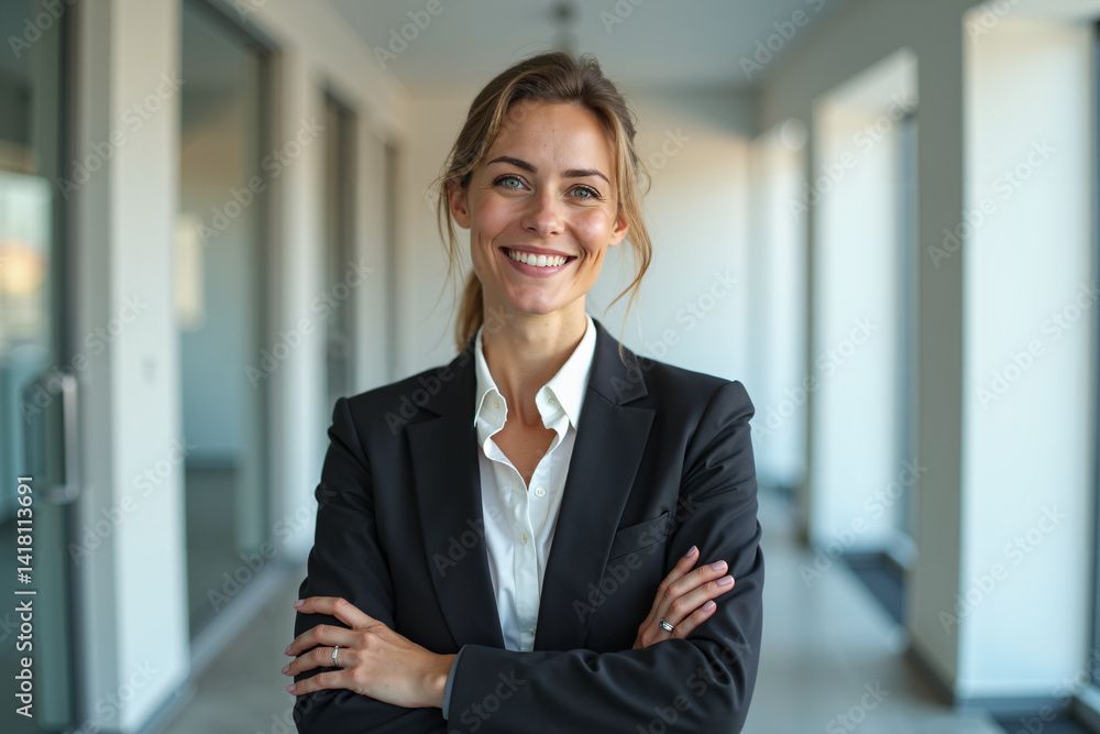 Confident Businesswoman Standing in Modern Office with Arms Crossed Confident Businesswoman Standing in Modern Office with Arms Crossed