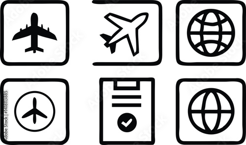 Airplane and Passport Icon Set for Travel Design. Travel Icons for Flights and International Trips.
Black Outline Icons of Airplanes and Passports.
Minimal Travel Icon Pack for Apps and Booking Sites