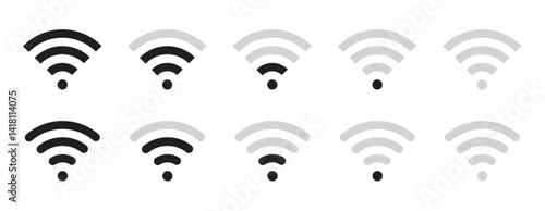 Wi-Fi signal strength icons set for wireless network connection status in varying levels from strong to weak - Grayscale vector graphics