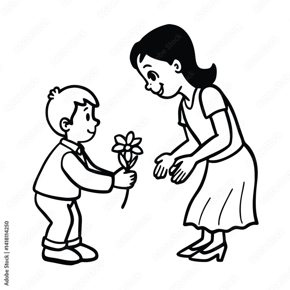 Little boy giving flower to mother cartoon illustration black and white Little boy giving flower to mother cartoon illustration black and white