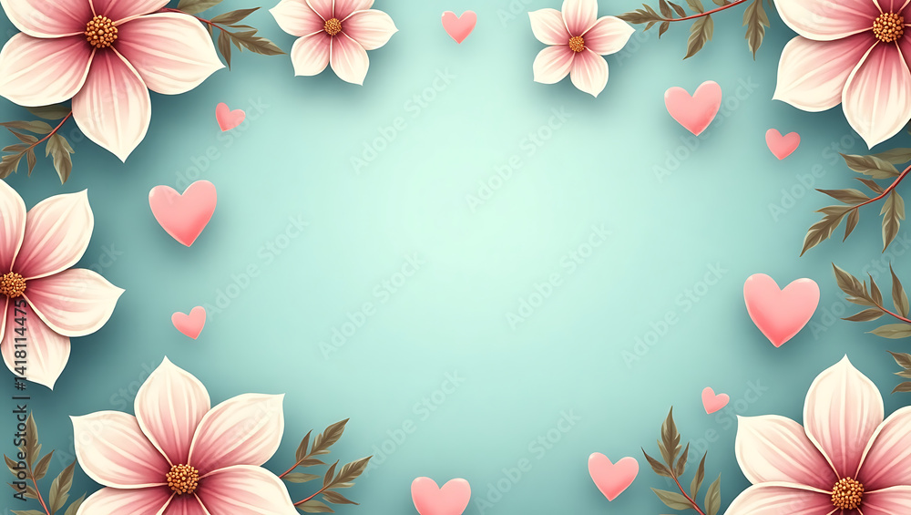 Fototapeta premium Mother’s Day poster design with detailed flower petals, smooth heart shapes, and soft textures on teal background