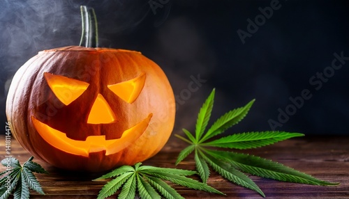 halloween pumpkin jack lamp and hemp cannabis and marijuana leaves