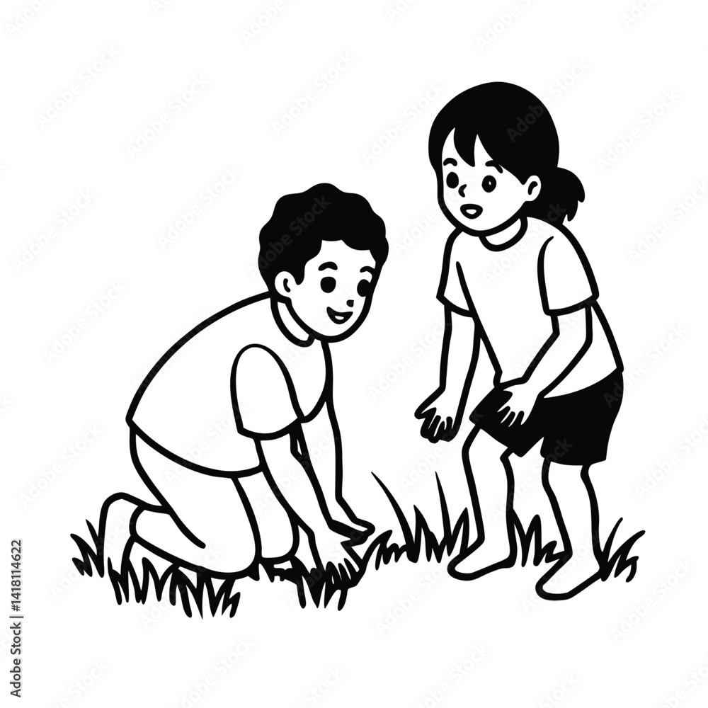 Outline illustration of two children playing outdoors in a field Outline illustration of two children playing outdoors in a field
