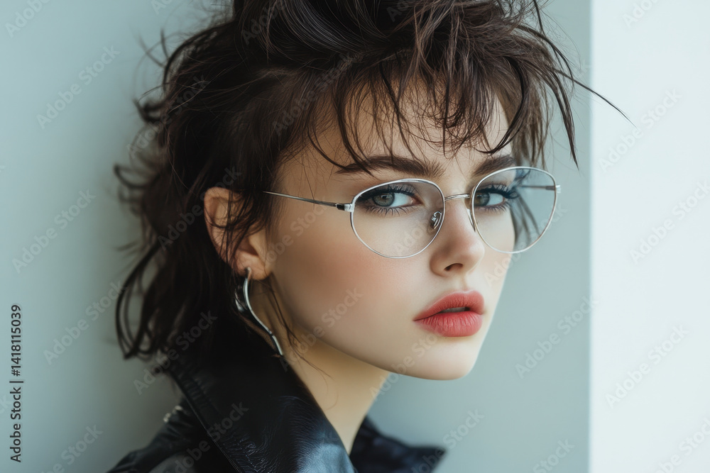 Fototapeta premium Woman in glasses and black jacket walking confidently through a bustling city street. Pedestrians and skyscrapers blur in the background.