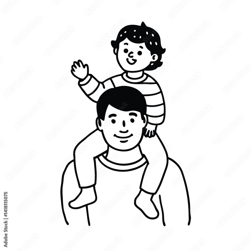 Father and son bonding father carrying son on shoulders in hand drawn style Father and son bonding father carrying son on shoulders in hand drawn style