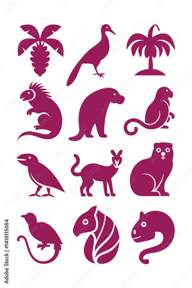 Collection of stylized magenta animals and tropical plant illustrations Collection of stylized magenta animals and tropical plant illustrations