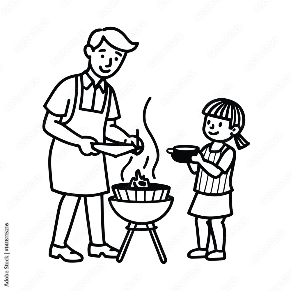 Father and daughter enjoying a barbecue outing outline illustration for family time Father and daughter enjoying a barbecue outing outline illustration for family time