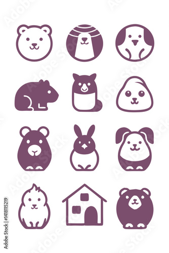 Adorable purple animal icons: bear, hamster, dog, rabbit