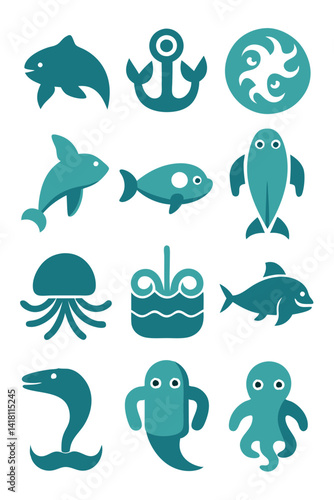 Ocean Life Teal Icons Set: Dolphin, Anchor, Fish