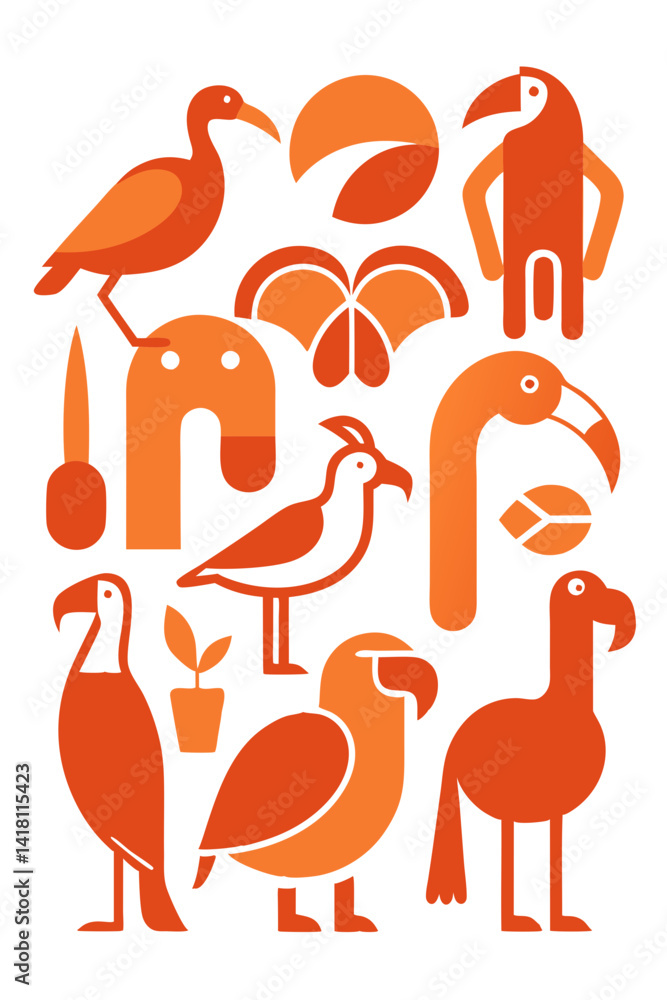 Orange Avian Icons: A Vector Illustration of Diverse Birds Orange Avian Icons: A Vector Illustration of Diverse Birds