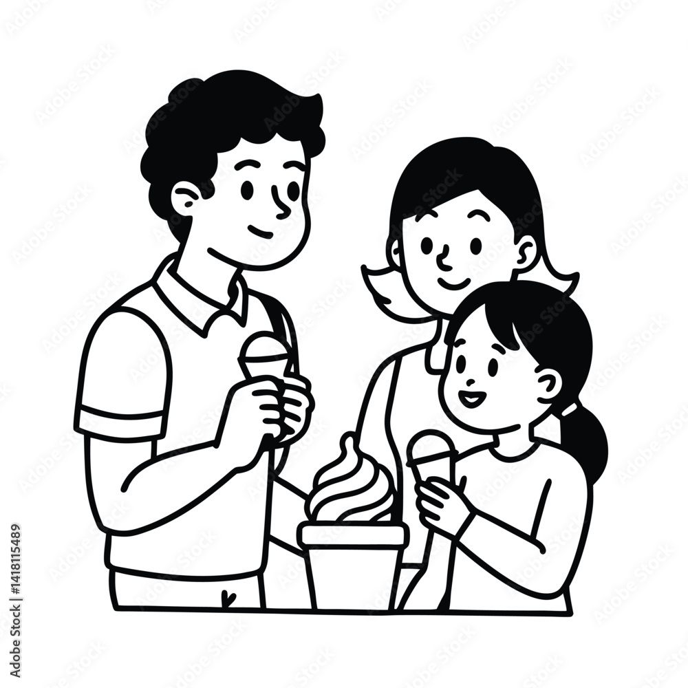 Family enjoying ice cream together happy people spending quality time simple line art illustration Family enjoying ice cream together happy people spending quality time simple line art illustration