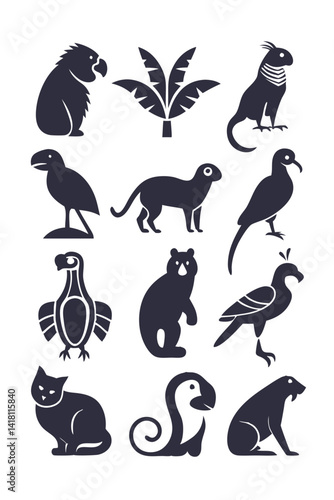 Various tropical animal and plant silhouettes flat design