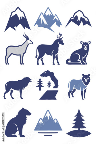 Wildlife and Mountain Vector Icons Set in Blue