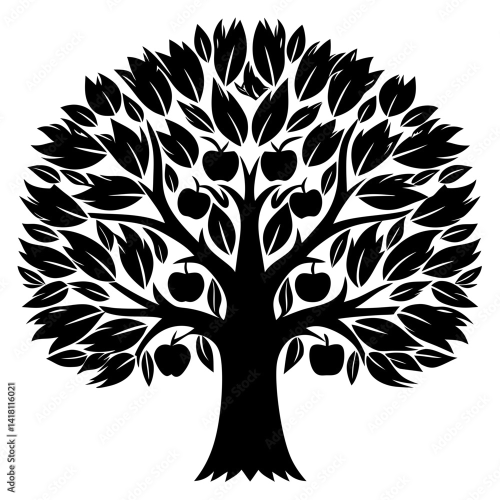 Obraz premium Stylized Black and White Apple Tree Illustration with Branches and Fruit