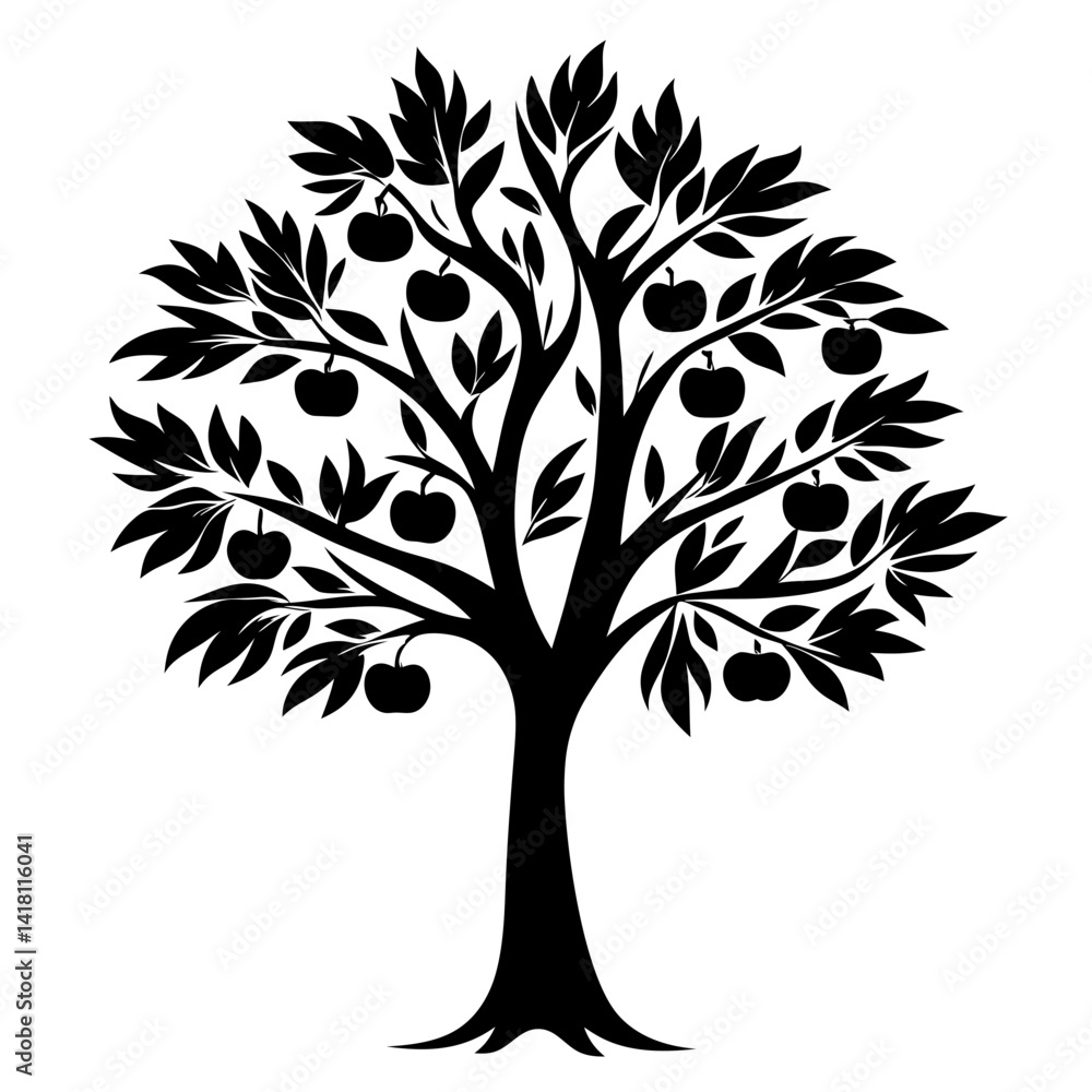Obraz premium Stylized Apple Tree Silhouette with Fruit and Leaves on White Background
