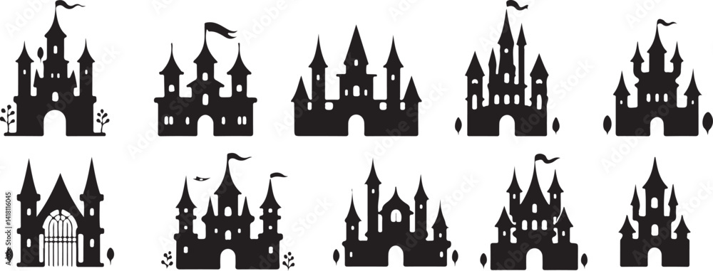 Fototapeta premium Collection of Black and White Silhouettes of Castle Designs