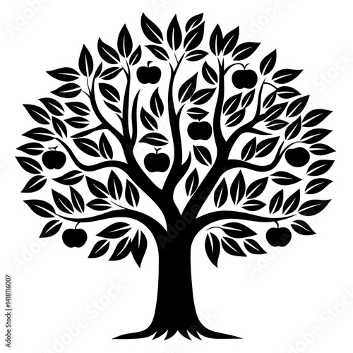 Stylized Black and White Apple Tree with Plentiful Fruit Illustration