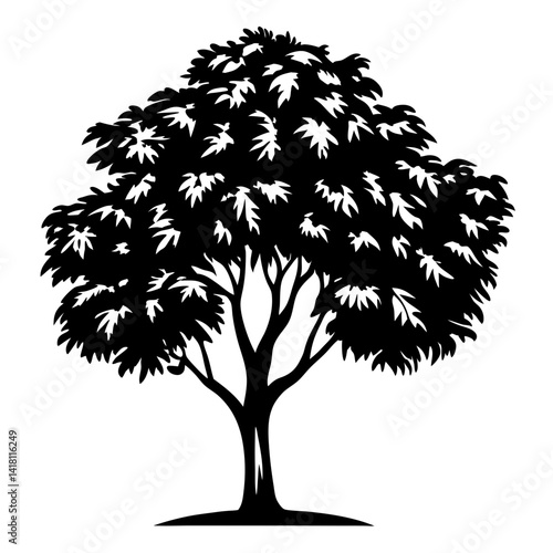 Monochrome Silhouette of a Lush Deciduous Tree with Distinctive Foliage Shape