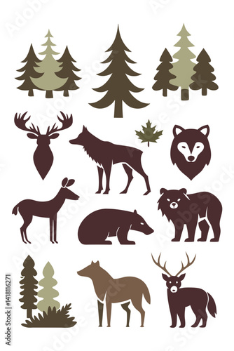 Woodland Animal Silhouettes with Trees and Maple Leaf