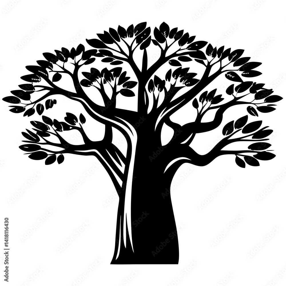 Obraz premium Stylized Black and White Tree Silhouette with Rounded Leaves and Branches