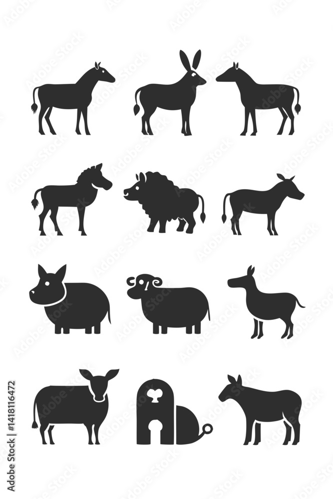 Silhouetted Farm and Wild Animal Vector Graphic Set Silhouetted Farm and Wild Animal Vector Graphic Set
