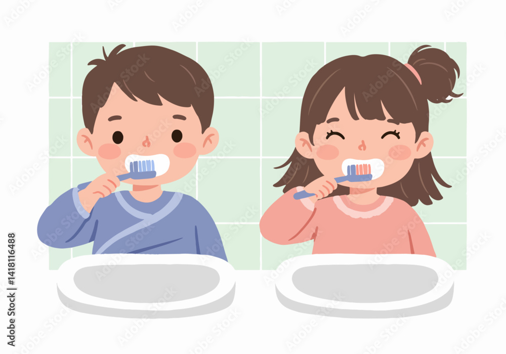 Illustration of two happy children with toothbrushes, emphasizing the importance of brushing twice a day Illustration of two happy children with toothbrushes, emphasizing the importance of brushing twice a day