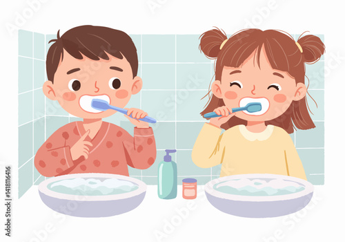 Illustration of two happy children with toothbrushes, emphasizing the importance of brushing twice a day