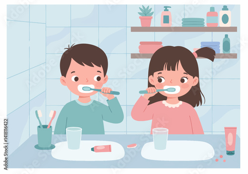 Illustration of two happy children with toothbrushes, emphasizing the importance of brushing twice a day