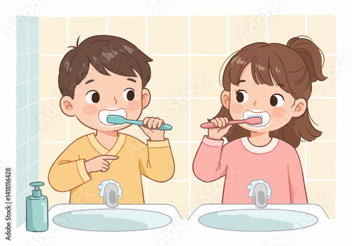 Illustration of two happy children with toothbrushes, emphasizing the importance of brushing twice a day