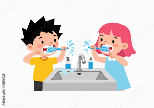 Illustration of two happy children with toothbrushes, emphasizing the importance of brushing twice a day