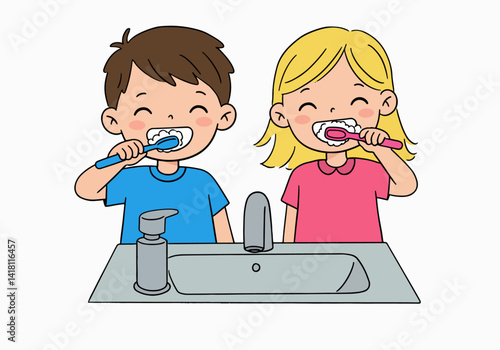 Illustration of two happy children with toothbrushes, emphasizing the importance of brushing twice a day