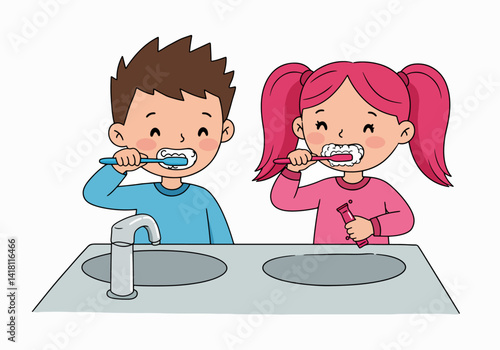 Illustration of two happy children with toothbrushes, emphasizing the importance of brushing twice a day