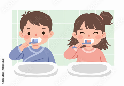 Illustration of two happy children with toothbrushes, emphasizing the importance of brushing twice a day
