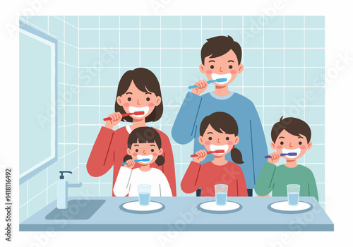 Flat illustration of Happy family brushing their teeth together in the bathroom. Morning or evening dental hygiene routine