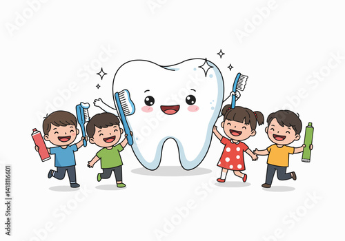 Vector cartoon illustration image of cheerful children brushing a big tooth with toothbrushes. Dental health education for young kids