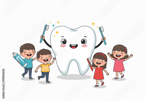 Vector cartoon illustration image of cheerful children brushing a big tooth with toothbrushes. Dental health education for young kids