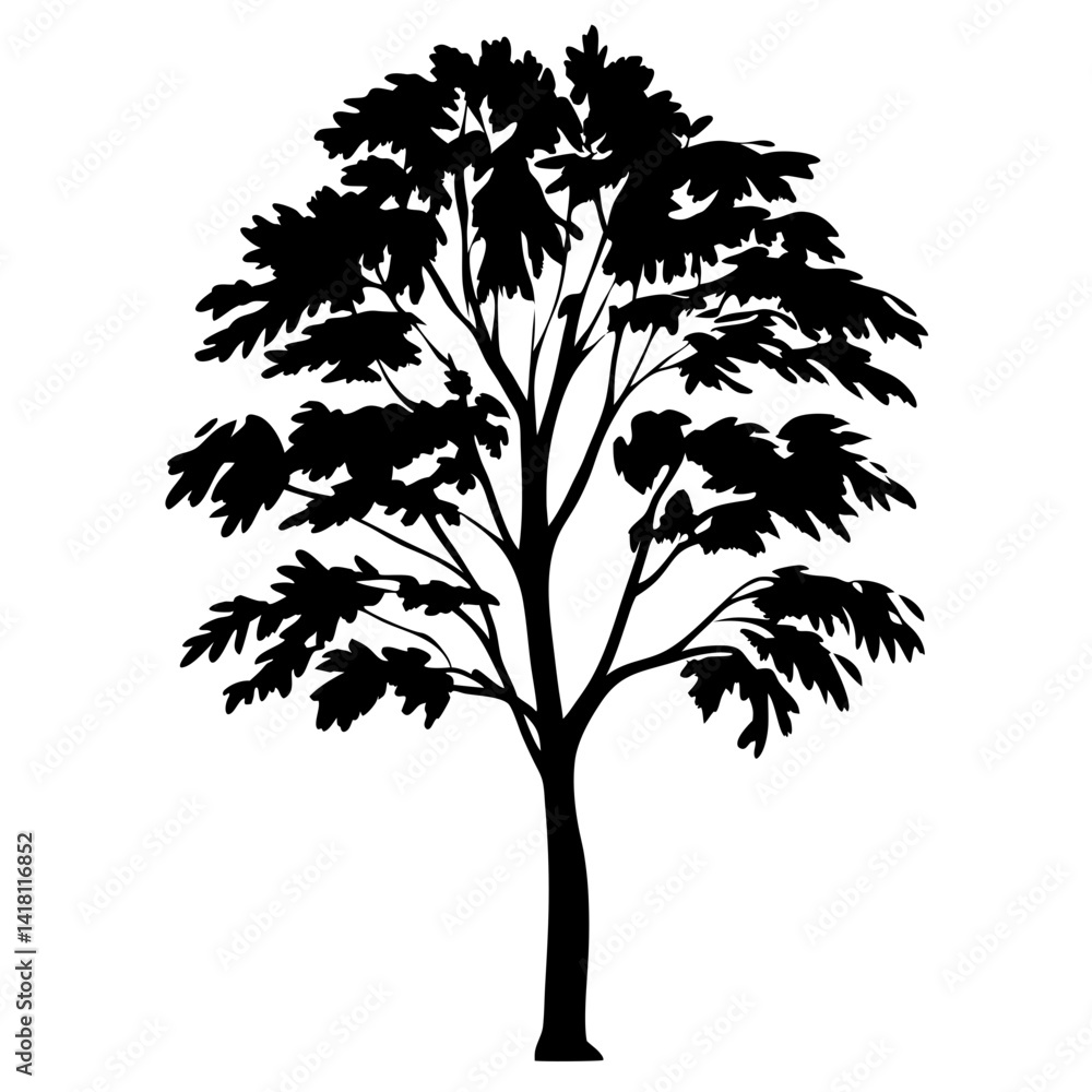 Obraz premium Dramatic black tree silhouette with textured leaves against a white background landscape