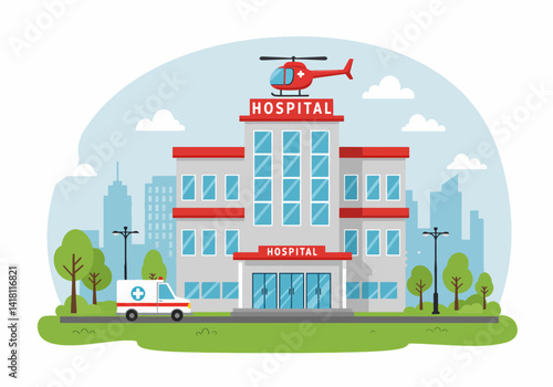 Vector Flat Illustration of a clinic or hospital facade with a clear entrance. Medical architecture