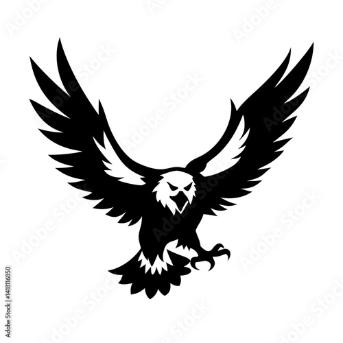 A black vector silhouette design of a flying eagle with wings outstretched is a symbol of freedom
