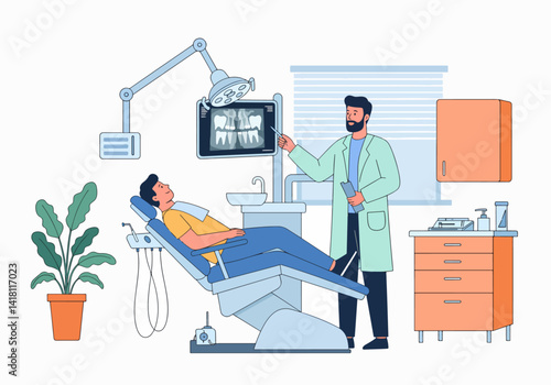 Dental check-up. Dentist in mask and gloves examining patient's mouth with tools. Vector illustration