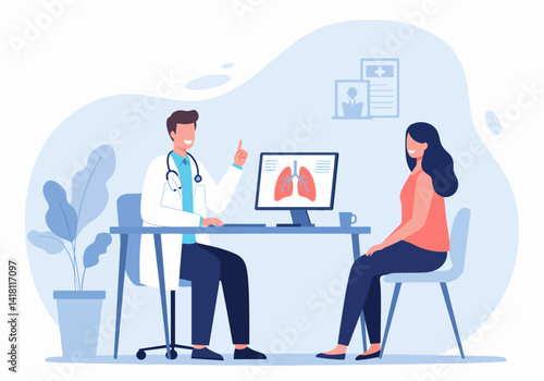 Doctor explaining lung health to a patient in a medical office. Illustration of a consultation about respiratory system
