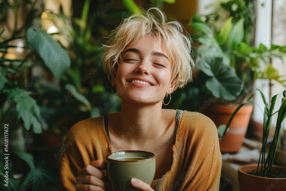 Woman smiling, holding coffee cup. Woman smiling, holding coffee cup.