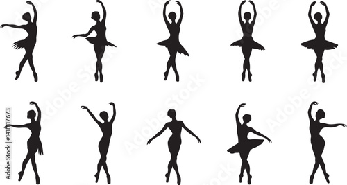 Ballet Dancer Silhouette Set Graceful Dance Performance Elegance Pose Classical Art Black Vector Illustration