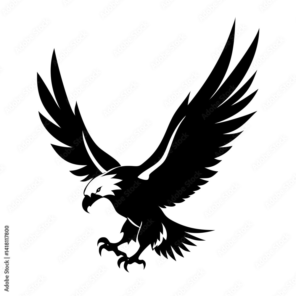 Obraz premium A black eagle silhouette in flight, a vector illustration with wings outstretched, evokes a powerful bird symbol