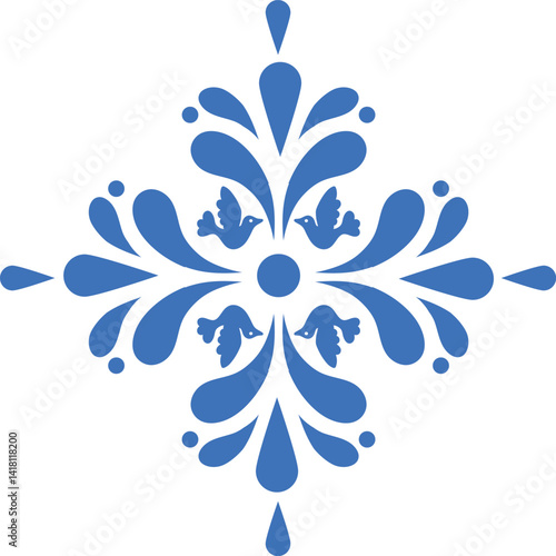 This design is a vibrant blue Talavera ceramic pattern from Mexico, featuring a symmetrical floral motif with elegant curving accents.