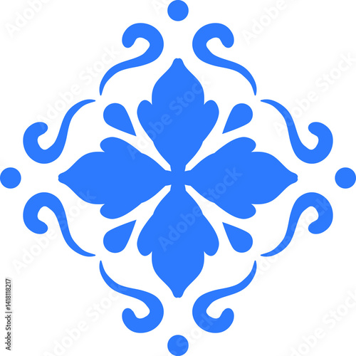 This design is a vibrant blue Talavera ceramic pattern from Mexico, featuring a symmetrical floral motif with elegant curving accents.